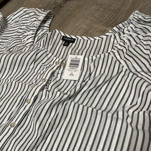 Women’s short sleeve, striped shirt, blue, and white